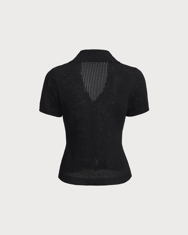 Black V Neck Button Pointelle Knit Tee & Reviews - Black