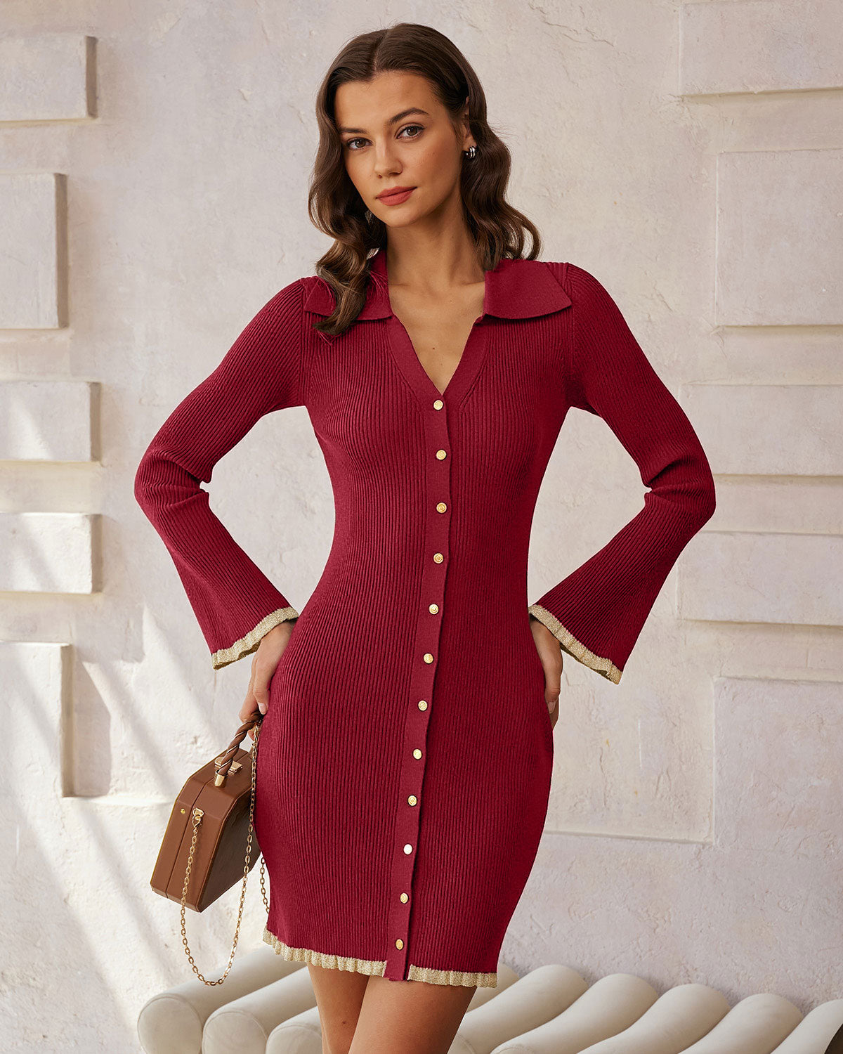 Women Knitted Viscose Dresses Wine Red Dresses - RIHOAS