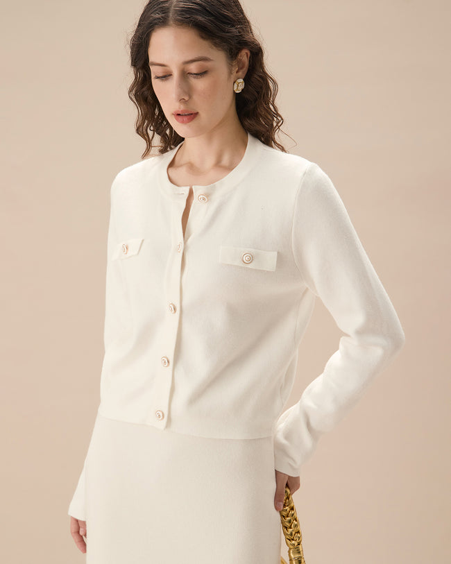 Women's White Single Breasted Knit Cardigan