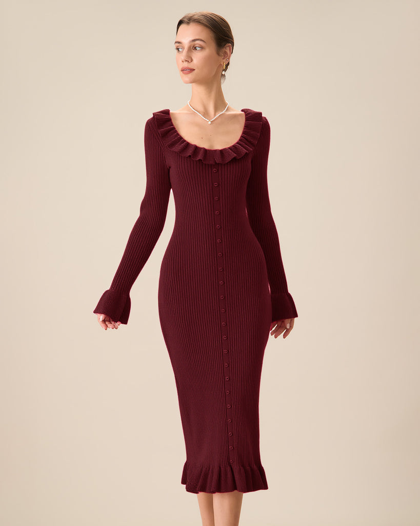 Women Knitted Viscose Sweater Dress Wine Red Dresses - RIHOAS
