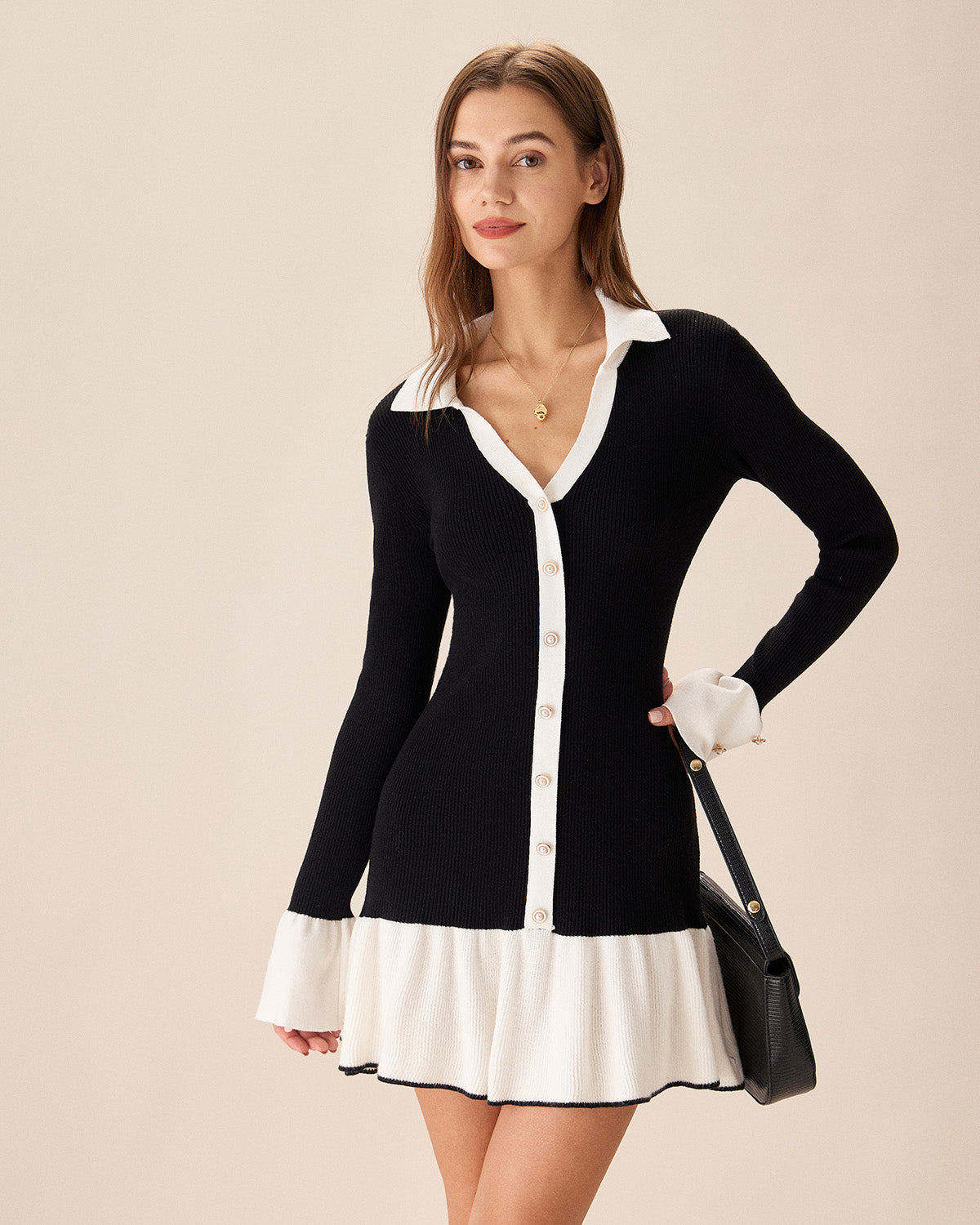 Contrasting Bell Sleeve Sweater Dress