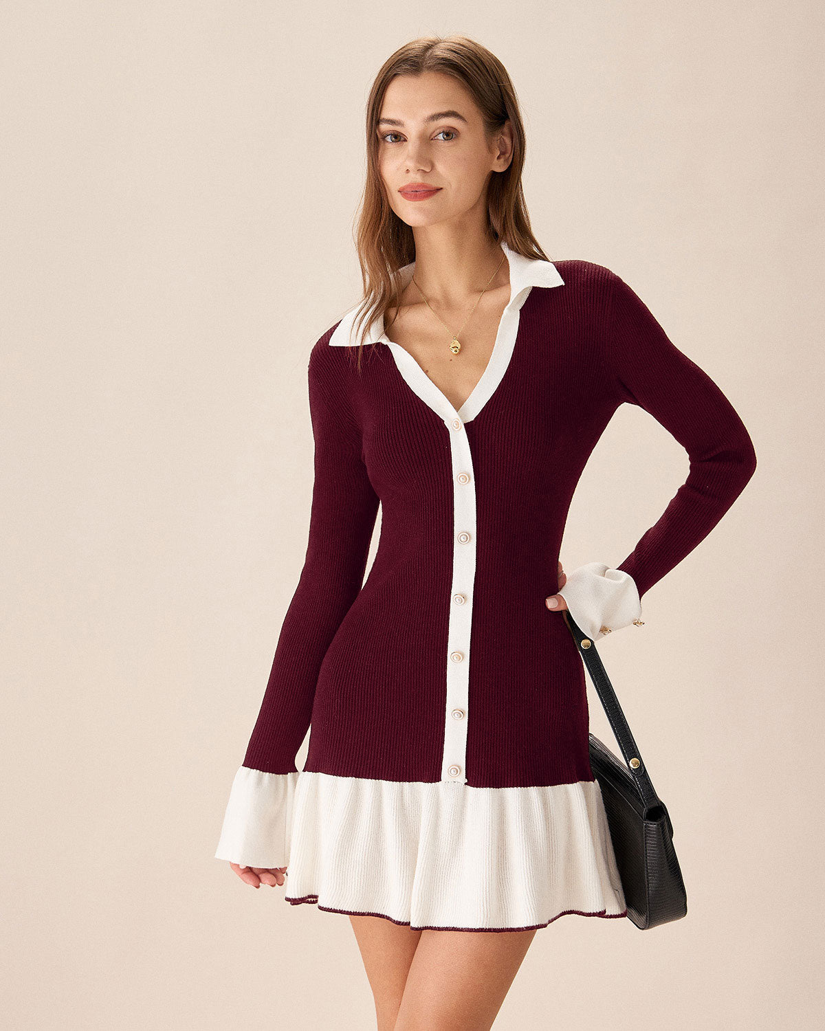 Rihoas Burgundy Contrast Knit Mini Dress Collared Button Front Ruffle Hem for Valentine's Date, Wine Red / S Rihoas Burgundy Contrast Knit Mini Dress Collared Button Front Ruffle Hem for Valentine's Date, Wine Red / S