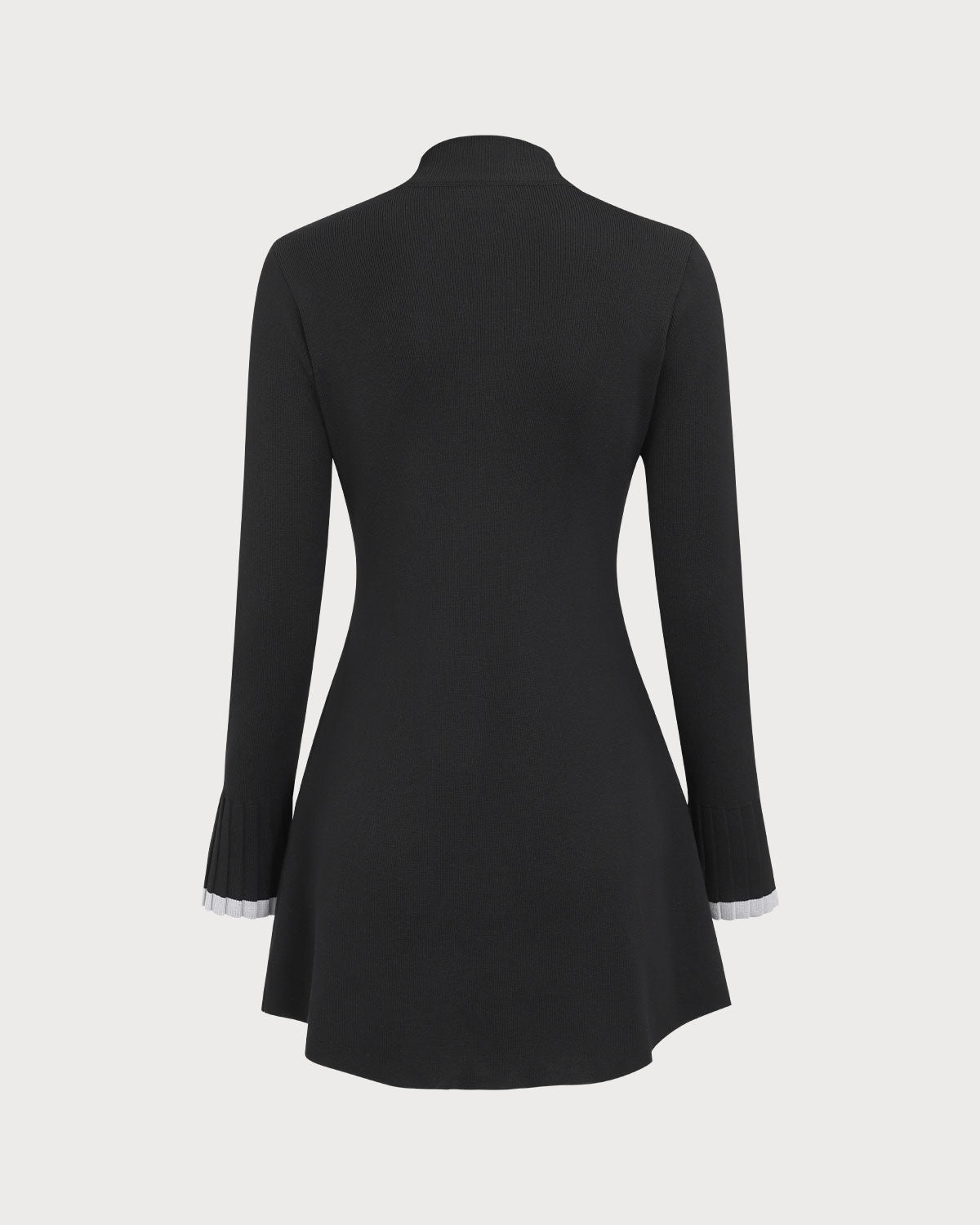 Rihoas Mock Neck Long Sleeve Solid Ribbed Knit Contrast Pleated Cuff Sweater A Line Mini Dress, Black / M