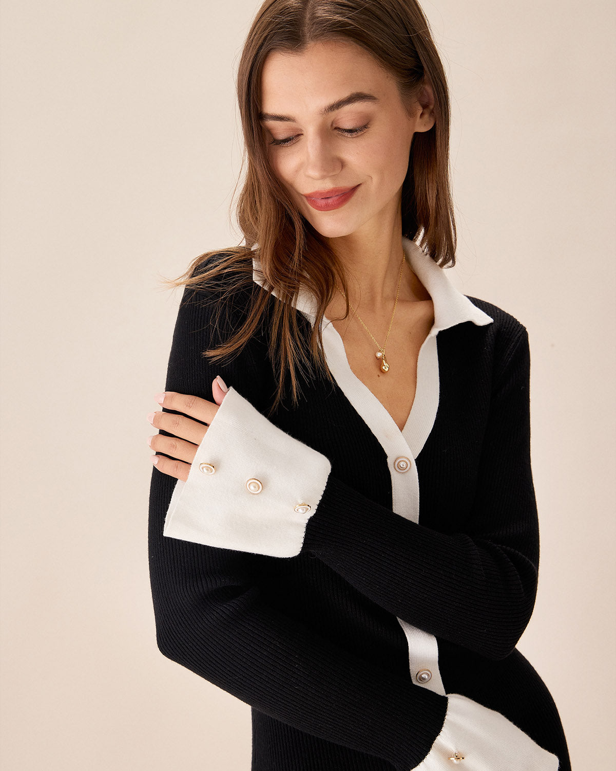 Rihoas Black and White Knit Mini Dress Collared Button Front Ruffle Hem, Black / M Rihoas Black and White Knit Mini Dress Collared Button Front Ruffle Hem, Black / M