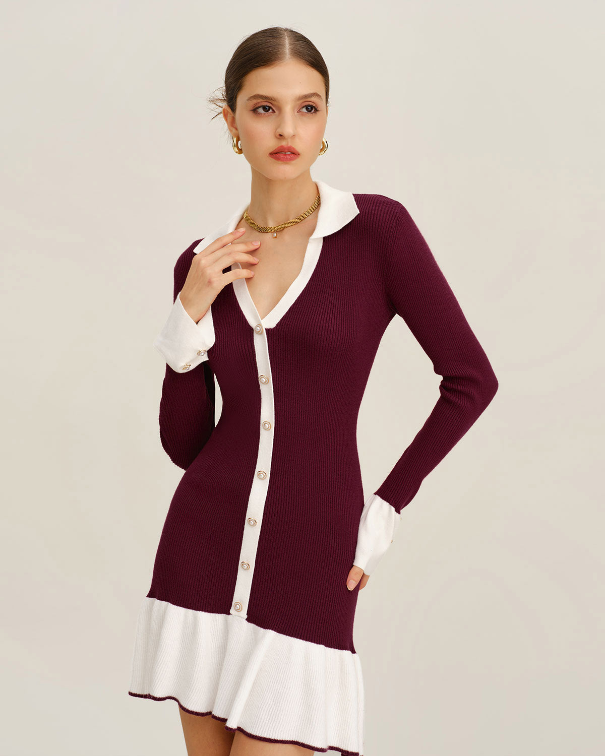 Rihoas Burgundy Contrast Knit Mini Dress Collared Button Front Ruffle Hem for Valentine's Date, Wine Red / S Rihoas Burgundy Contrast Knit Mini Dress Collared Button Front Ruffle Hem for Valentine's Date, Wine Red / S