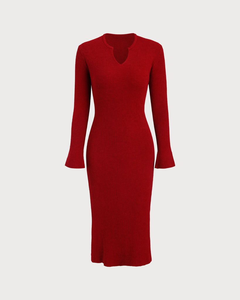 Women Knitted Viscose Sweater Dresses Wine Red Dresses - RIHOAS