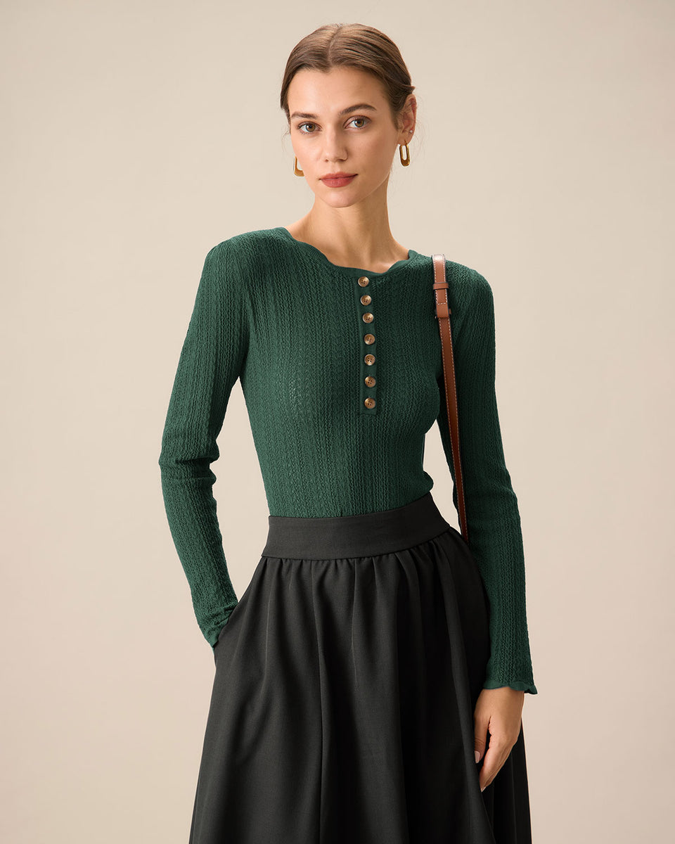 Green scalloped slim sweater for polished knit top outfits
