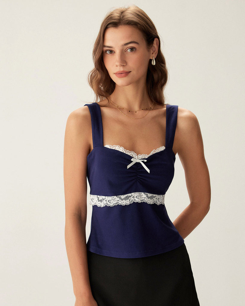 Navy Lace Square Neck Cami Top - RIHOAS