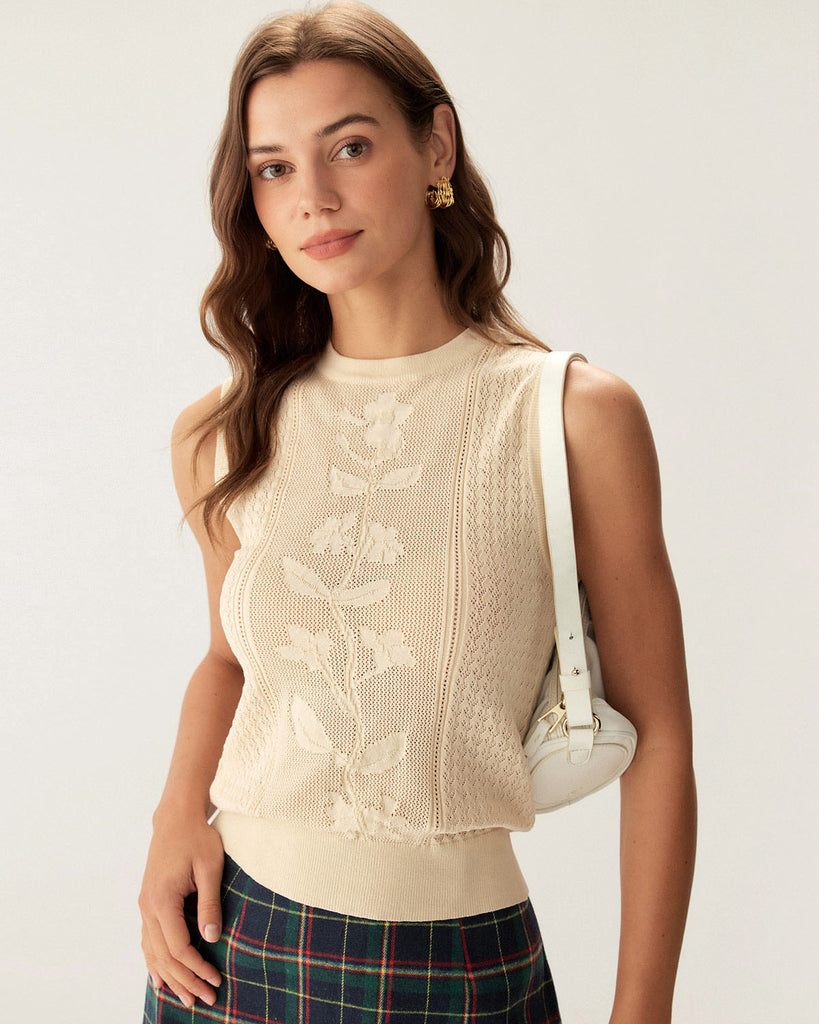 Beige Crew Neck Knit Tank Top  - RIHOAS
