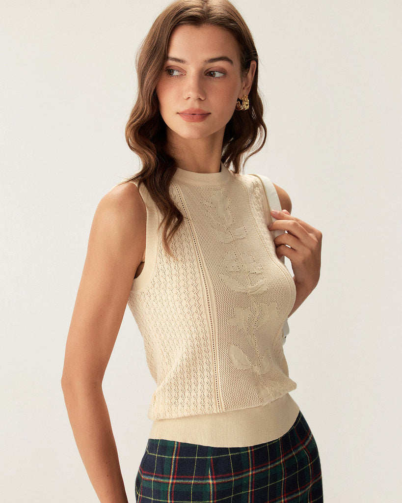 Beige Crew Neck Knit Tank Top  - RIHOAS