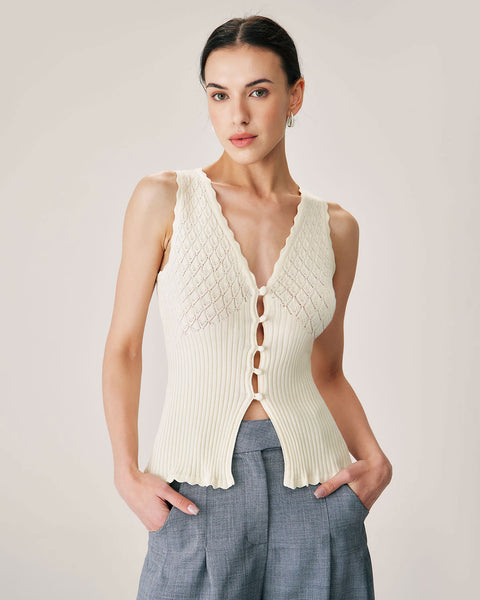 Beige V Neck Ribbed Knit Tank & Reviews - Beige - Tops | RIHOAS