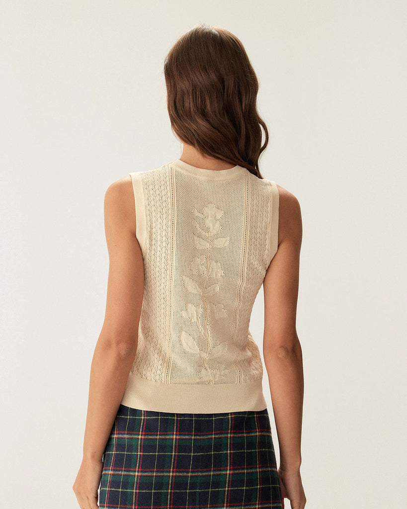 Beige Crew Neck Knit Tank Top  - RIHOAS