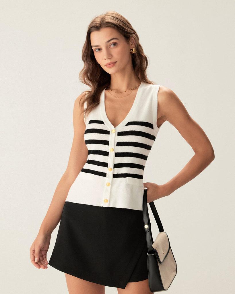 White Striped Button Knit Tank Top  - RIHOAS