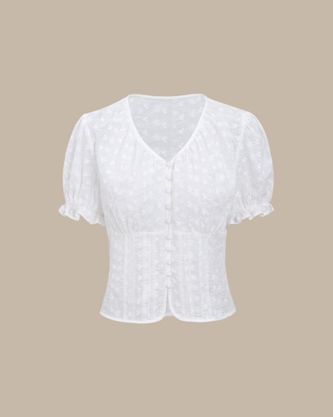 White Floral Puffed Sleeve Blouse & Reviews - White - Tops