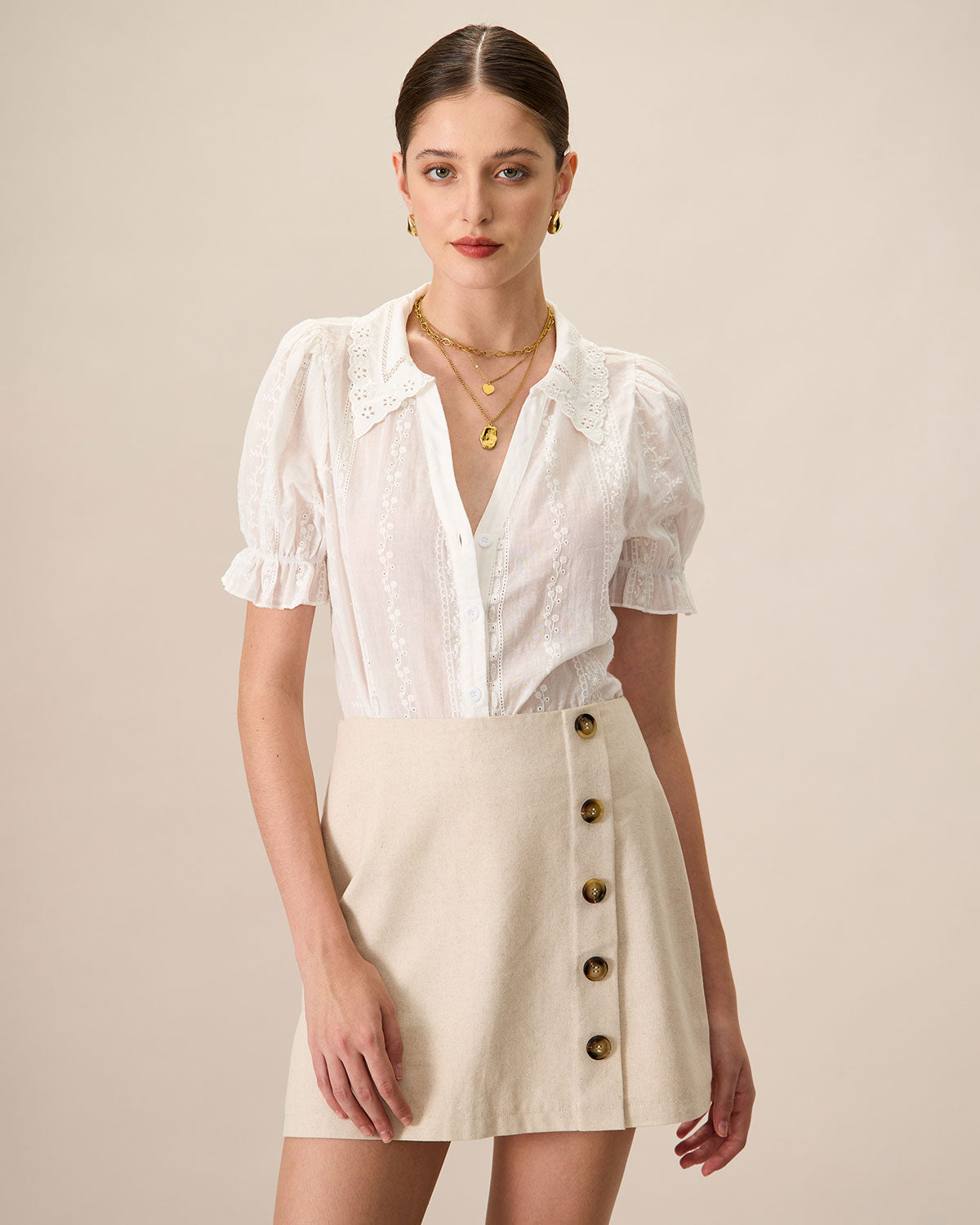 Collared Lace Embroidery Cotton Blouse