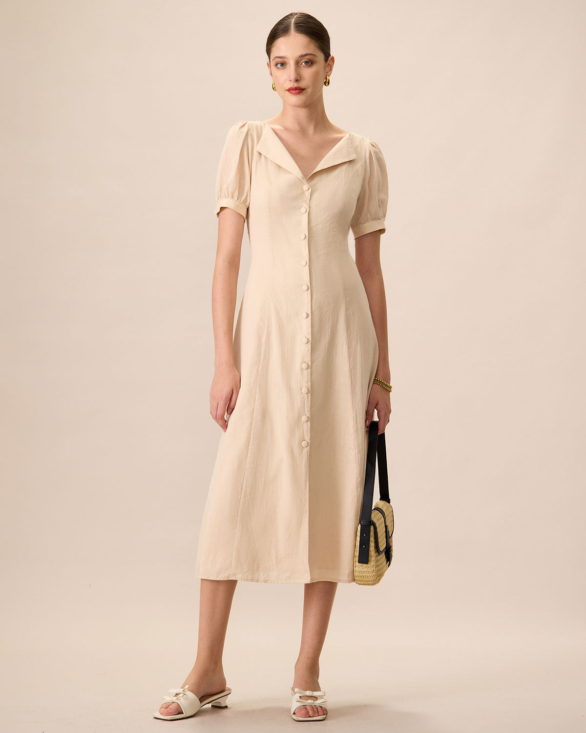 Women s Apricot Puff Sleeve Cotton Midi Dress