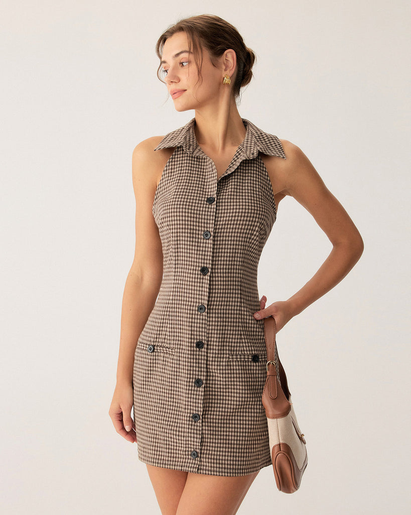 Brown Plaid Button Sleeveless Mini Dress - RIHOAS