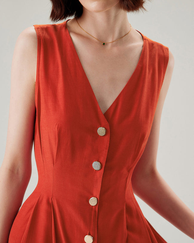 Red V-neck Button Sleeveless Midi Dress - RIHOAS