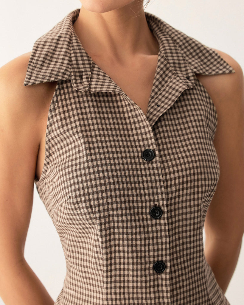 Brown Plaid Button Sleeveless Mini Dress - RIHOAS
