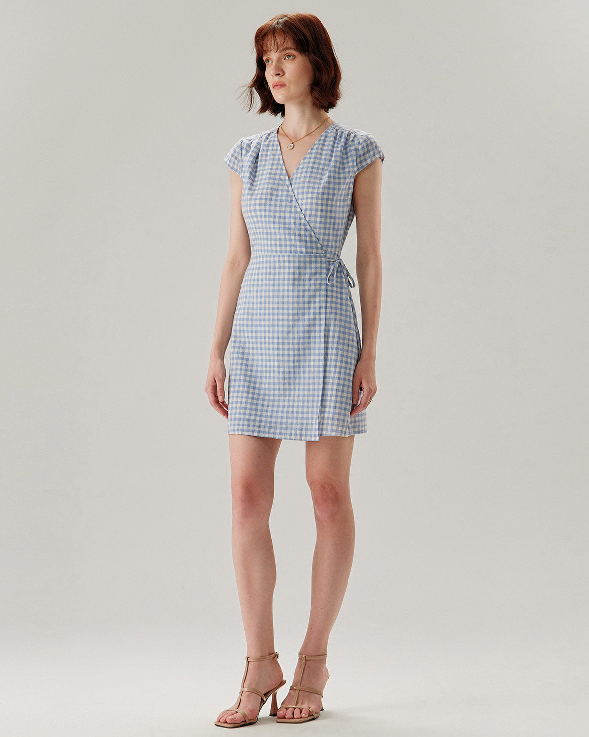 Blue Plaid Cap Sleeve Wrap Mini Dress - RIHOAS