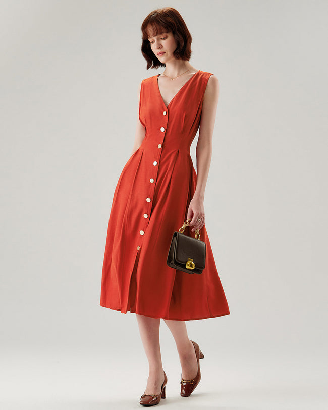 Red V-neck Button Sleeveless Midi Dress - RIHOAS