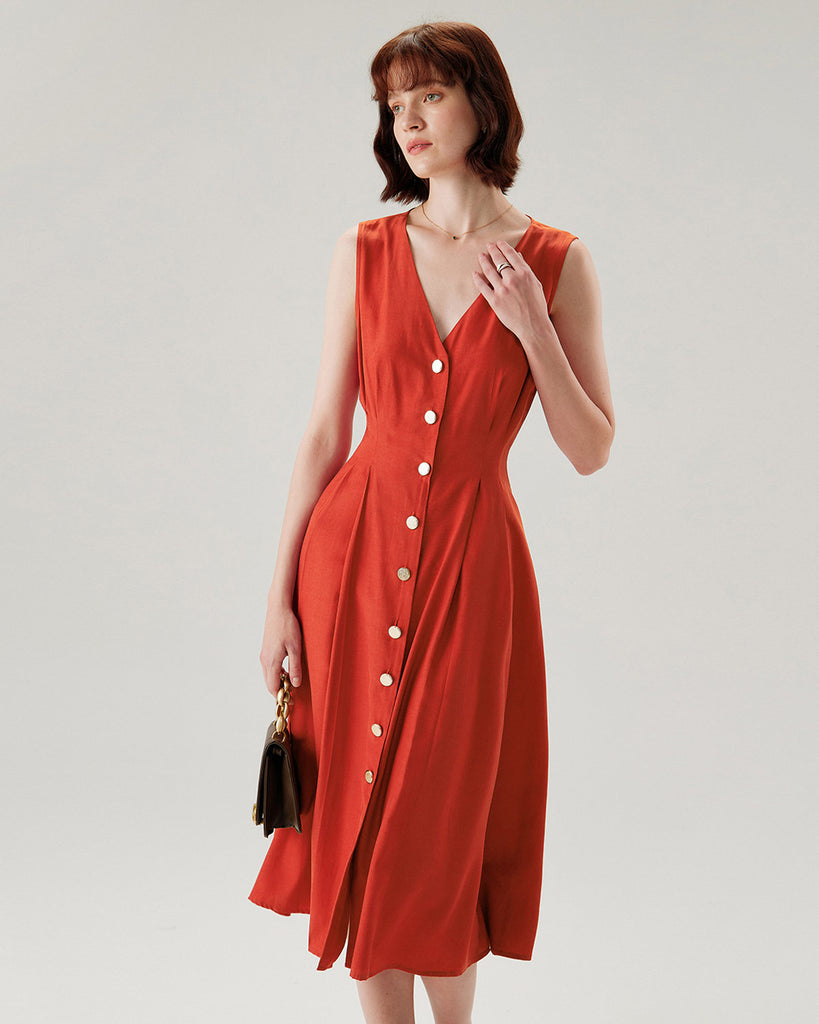 Red V-neck Button Sleeveless Midi Dress - RIHOAS