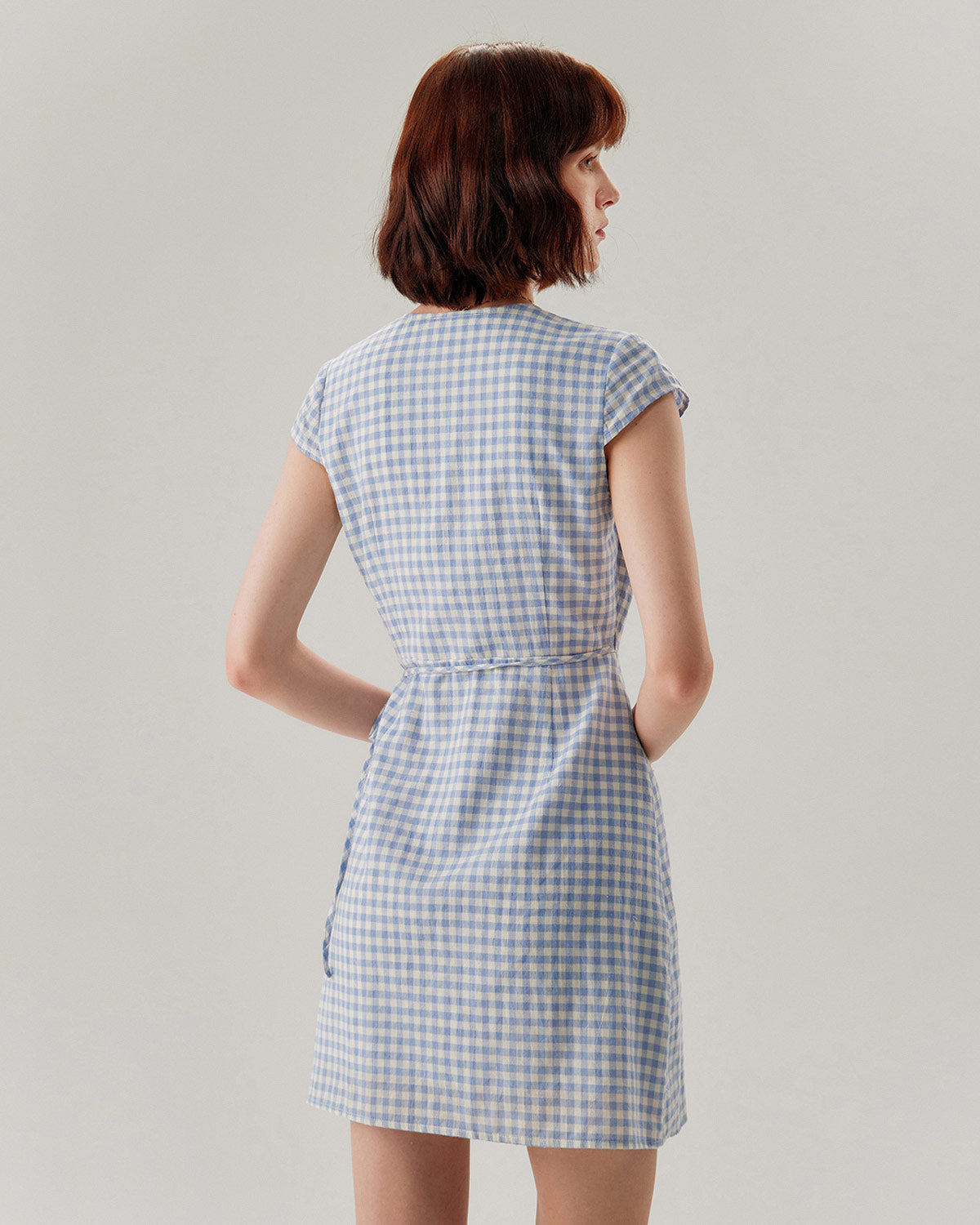 Blue Plaid Cap Sleeve Wrap Mini Dress - RIHOAS