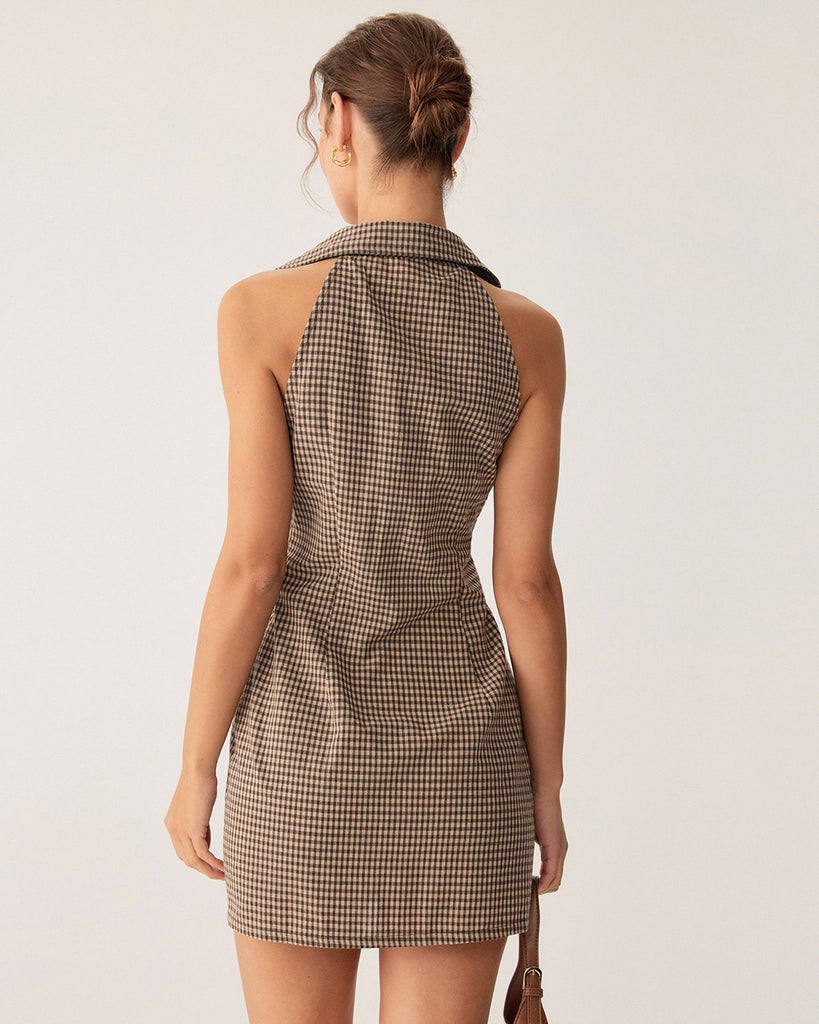 Brown Plaid Button Sleeveless Mini Dress  - RIHOAS