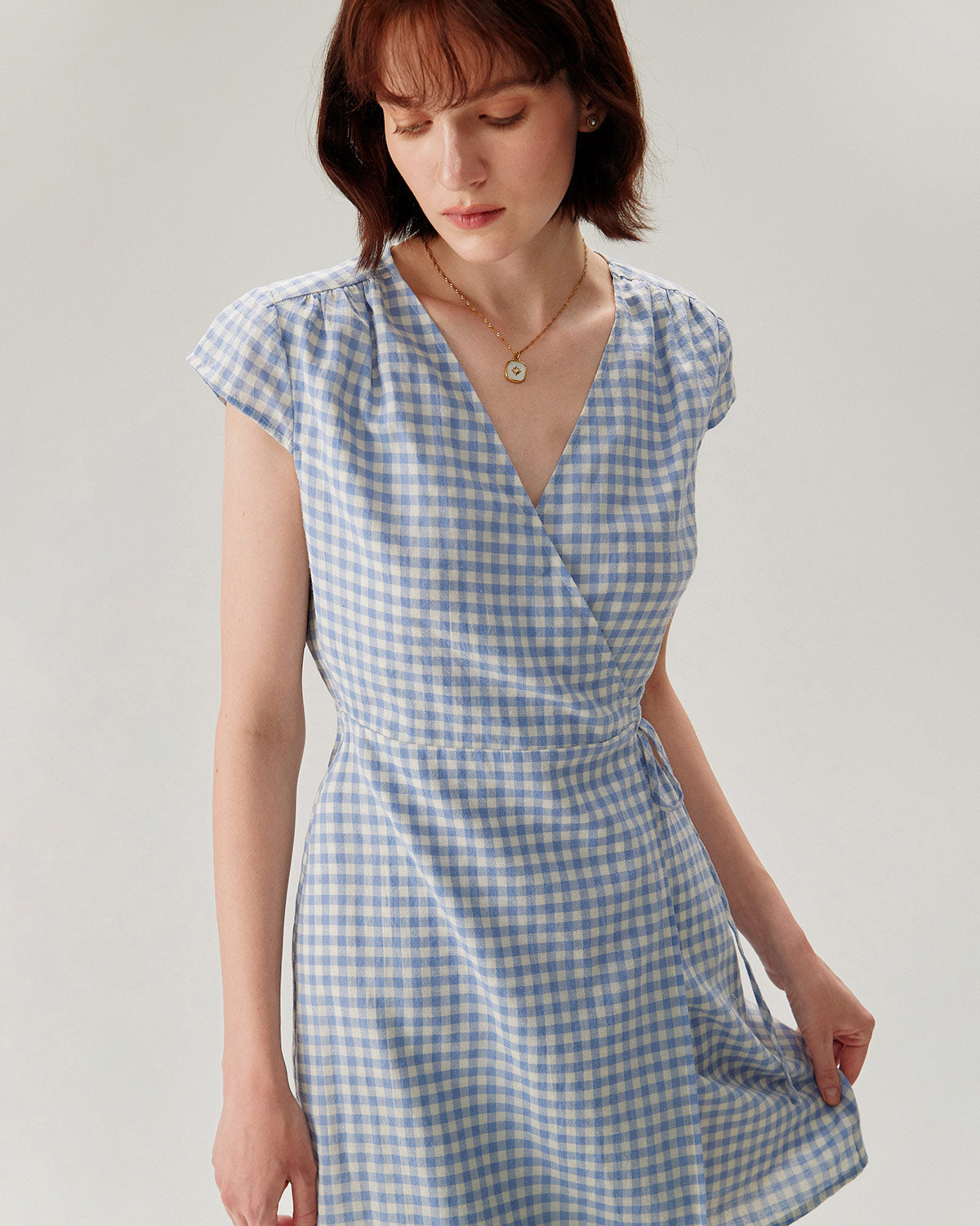 Blue Plaid Cap Sleeve Wrap Mini Dress - RIHOAS