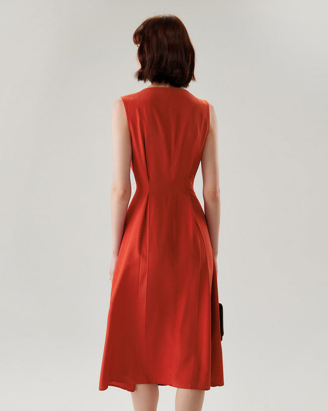 Red V-neck Button Sleeveless Midi Dress - RIHOAS