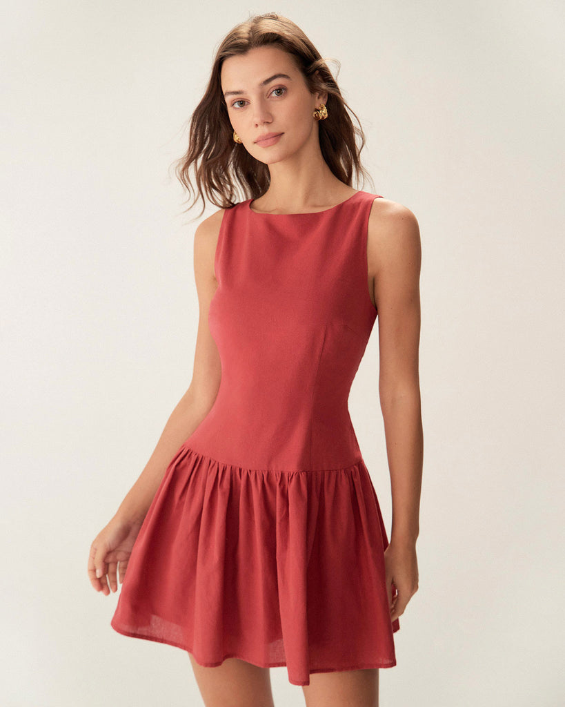 Red Boat Neck Sleeveless Mini Dress - RIHOAS