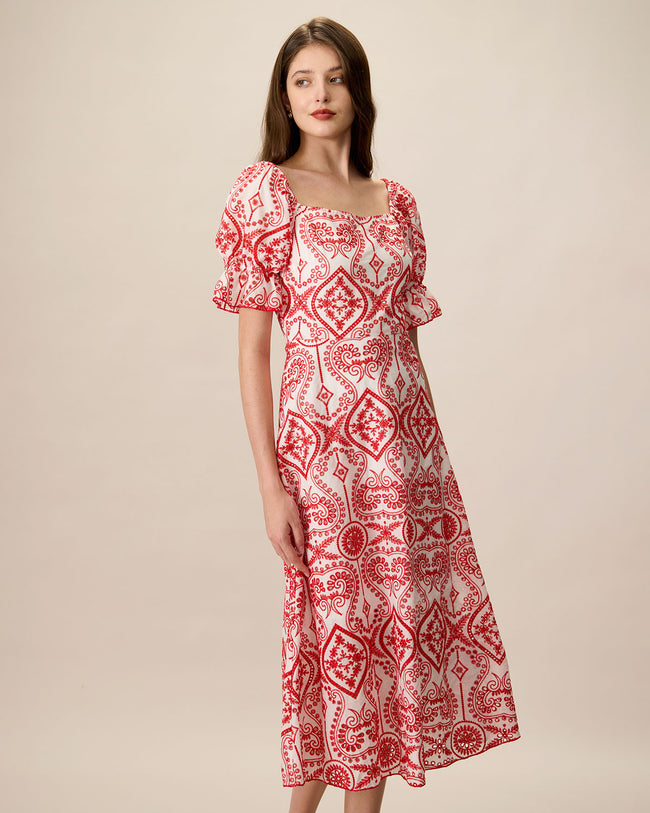 RED AND GREEN COTTON MIDIドレス utcoco Women's 2025 Eyelet Lace Midi Dress V Neck Puff 3/4