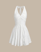 White V Neck Pleated Backless Mini Dress - RIHOAS