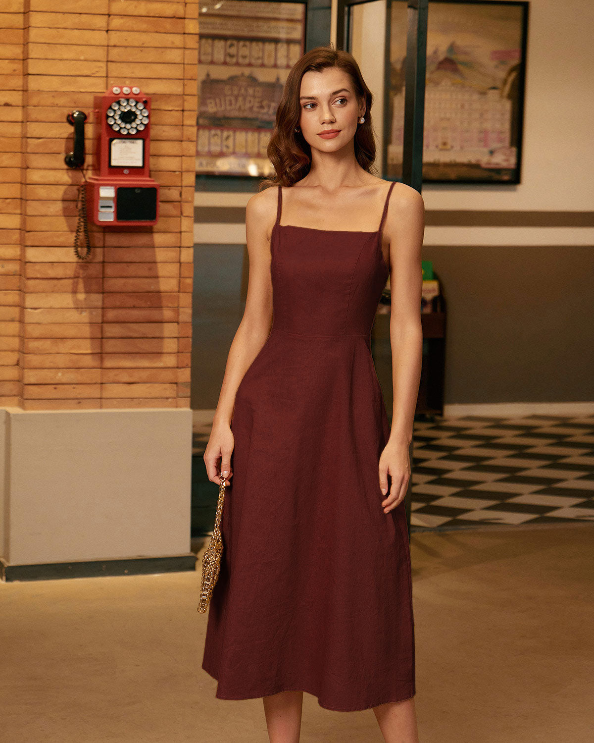 Women Woven Cotton Dresses Wine Red Dresses - RIHOAS