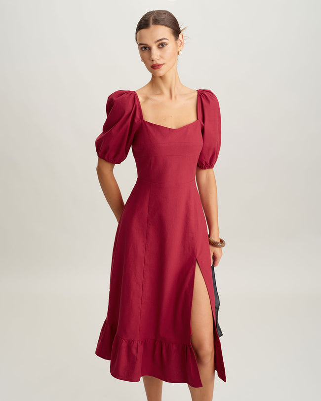 Red Square Neck Shirred Midi Dress Reviews Red Dresses RIHOAS