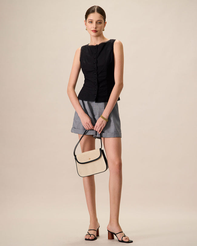 Women's Black Boat Neck Cotton Linen Vest & Reviews - Black
