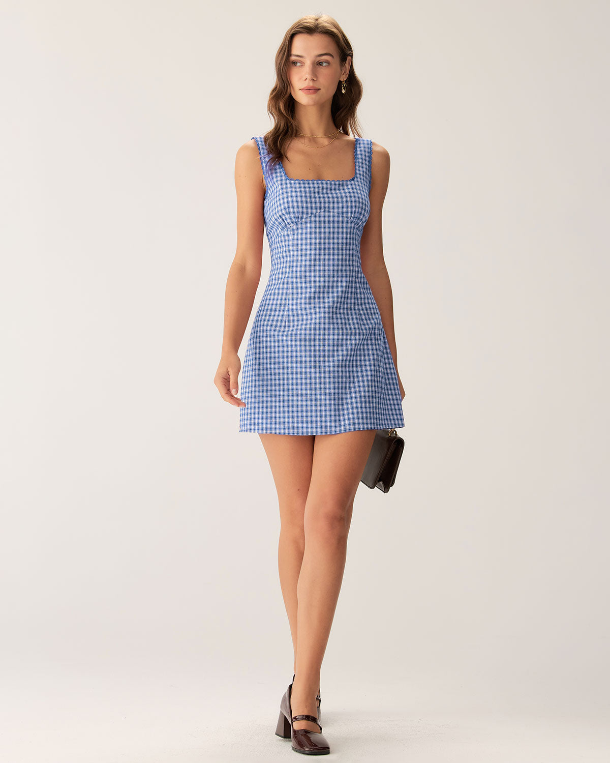 Blue Plaid Square Neck Slip Mini Dress - RIHOAS