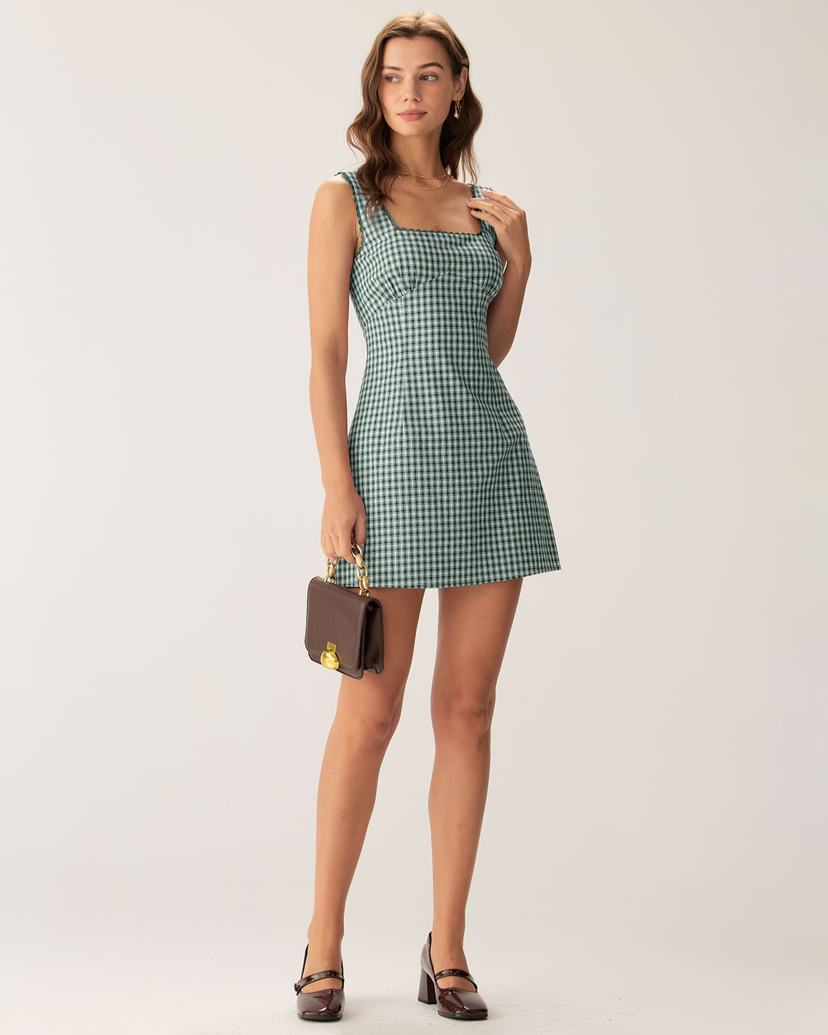 Green Plaid Square Neck Slip Mini Dress - RIHOAS