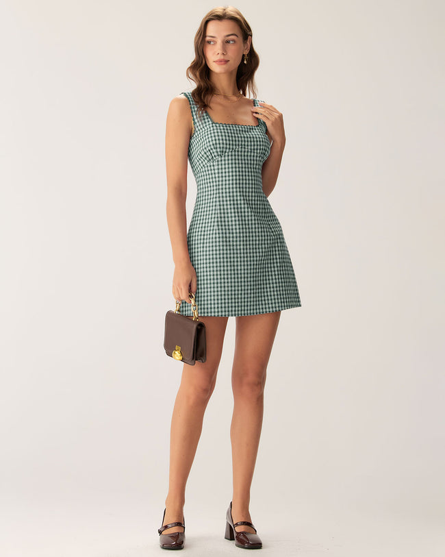 Green Plaid Square Neck Slip Mini Dress - RIHOAS