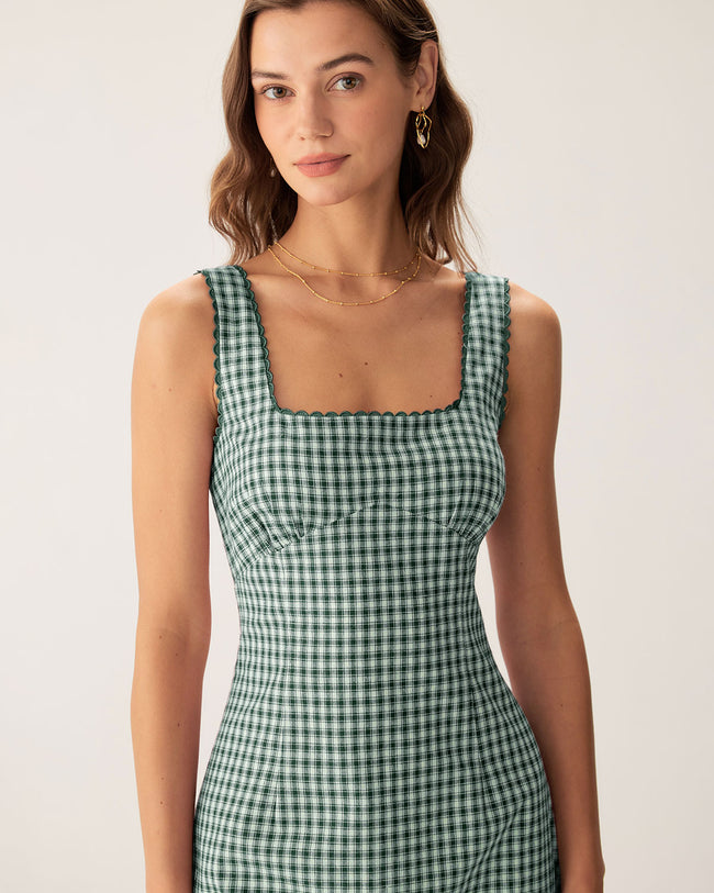 Green Plaid Square Neck Slip Mini Dress - RIHOAS