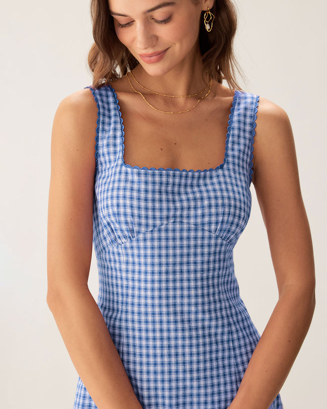 Blue Plaid Square Neck Slip Mini Dress - RIHOAS