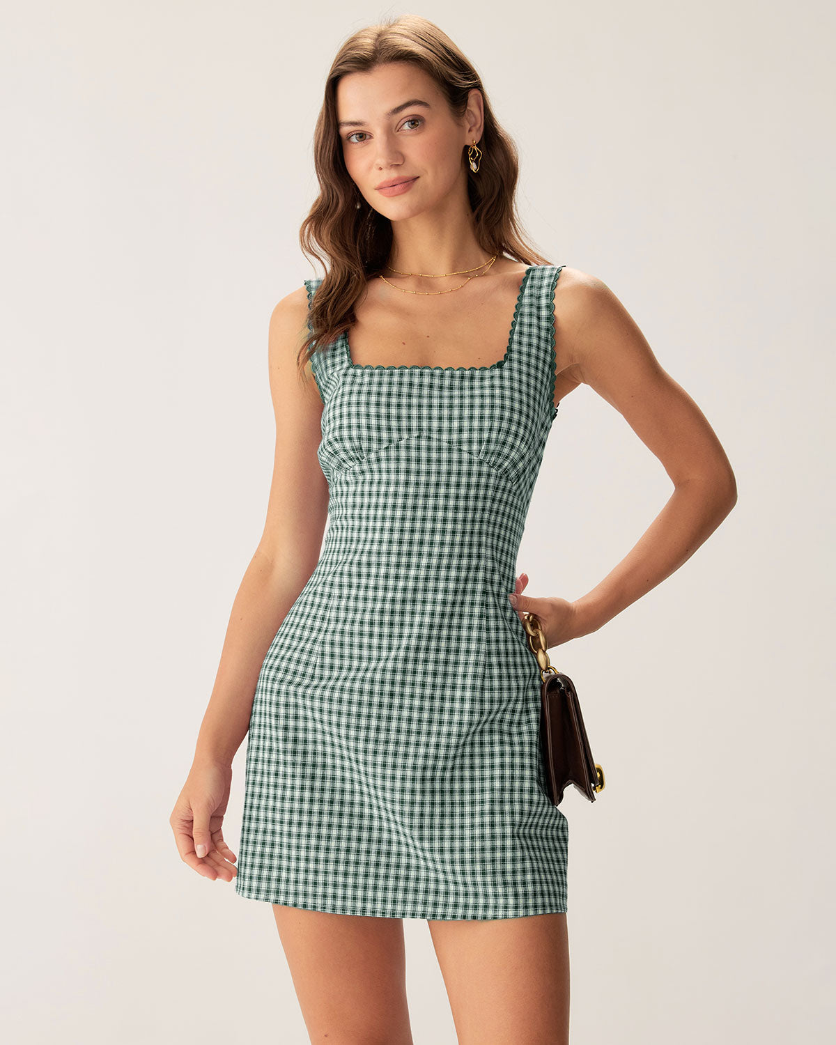 Rihoas Gingham Plaid Cotton Square Neck Mini Slip Dress | Scalloped Edge Sleeveless A-Line for Summer Vacation, Picnic, Brunch, Green / XL Rihoas Gingham Plaid Cotton Square Neck Mini Slip Dress | Scalloped Edge Sleeveless A-Line for Summer Vacation, Picnic, Brunch, Green / XL