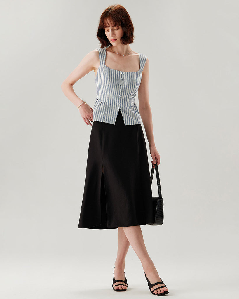 Blue Striped Square Neck Tank Top - RIHOAS