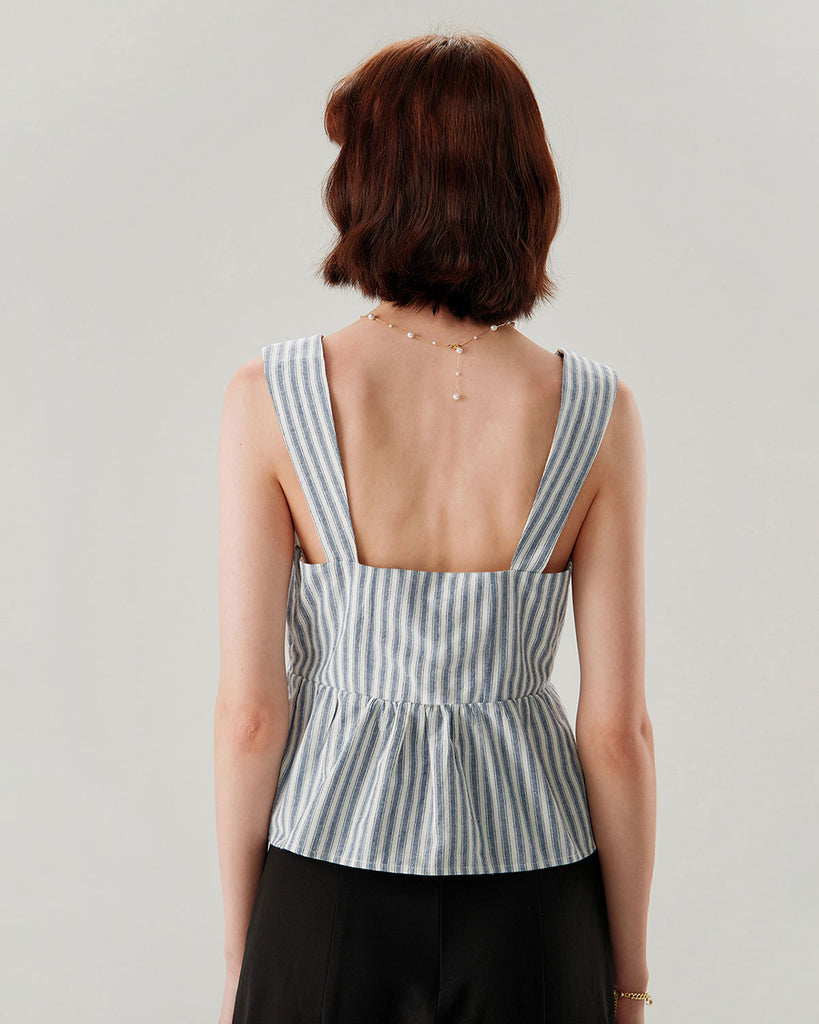 Blue Striped Square Neck Tank Top - RIHOAS