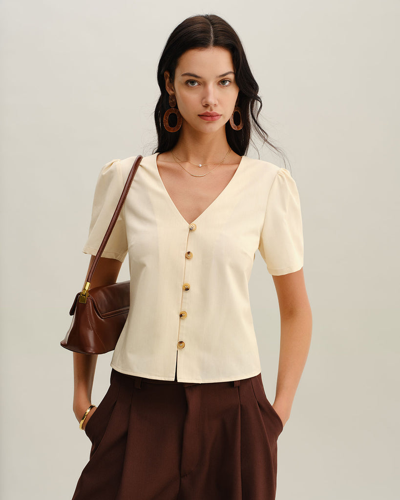 Women Woven Polyester Blouses Beige Tops - RIHOAS