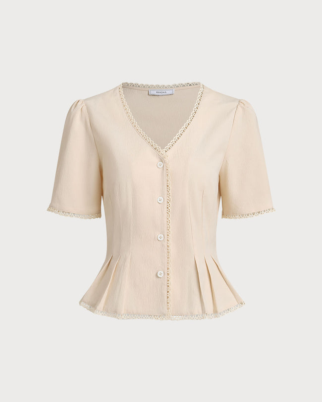 Women Woven Polyester Blouses Beige Tops - RIHOAS