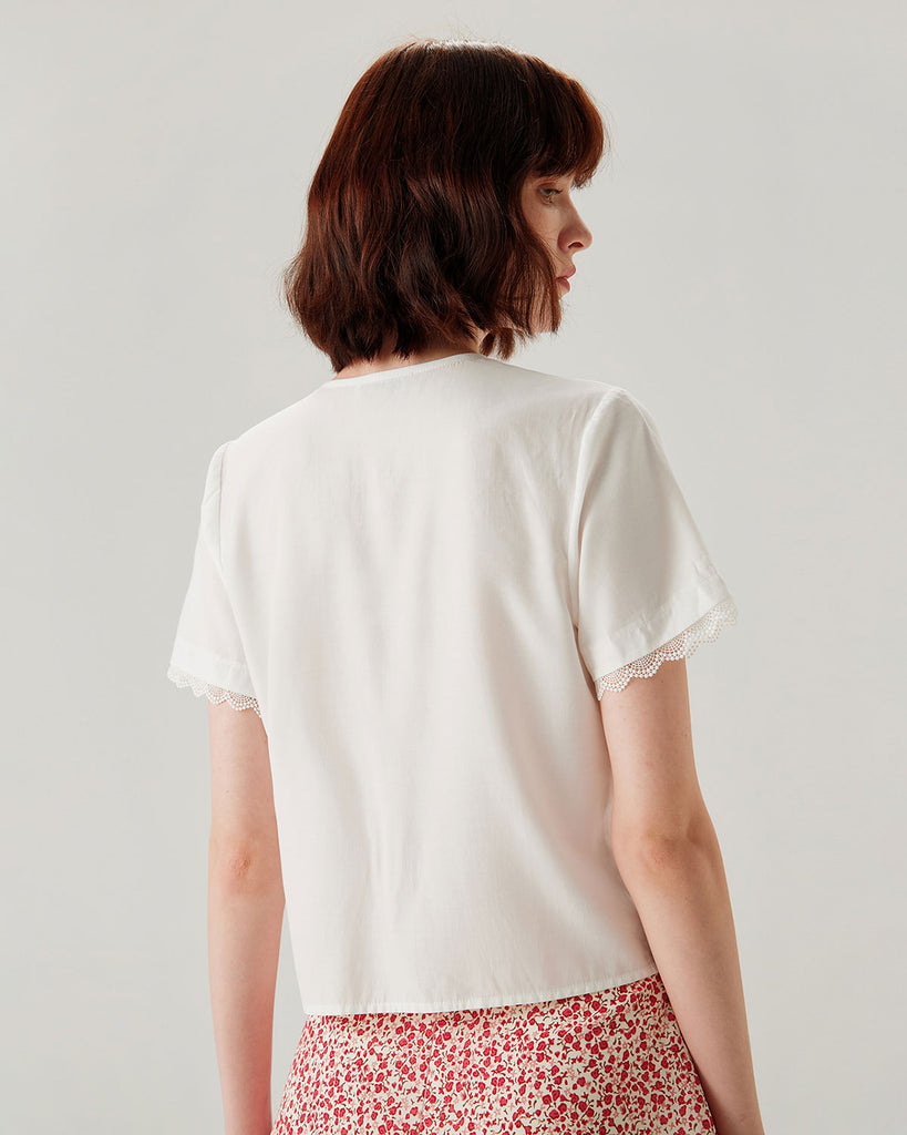 White Lace V-neck Blouse - RIHOAS