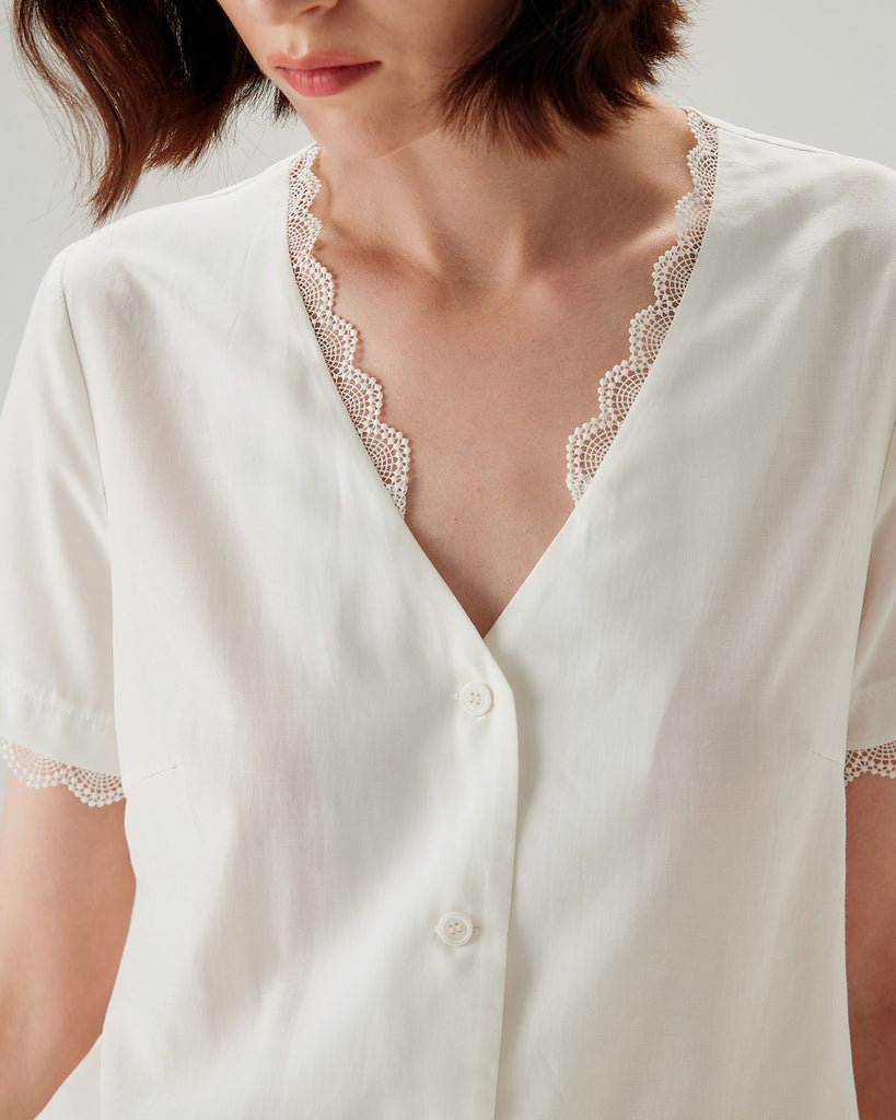 White Lace V-neck Blouse - RIHOAS