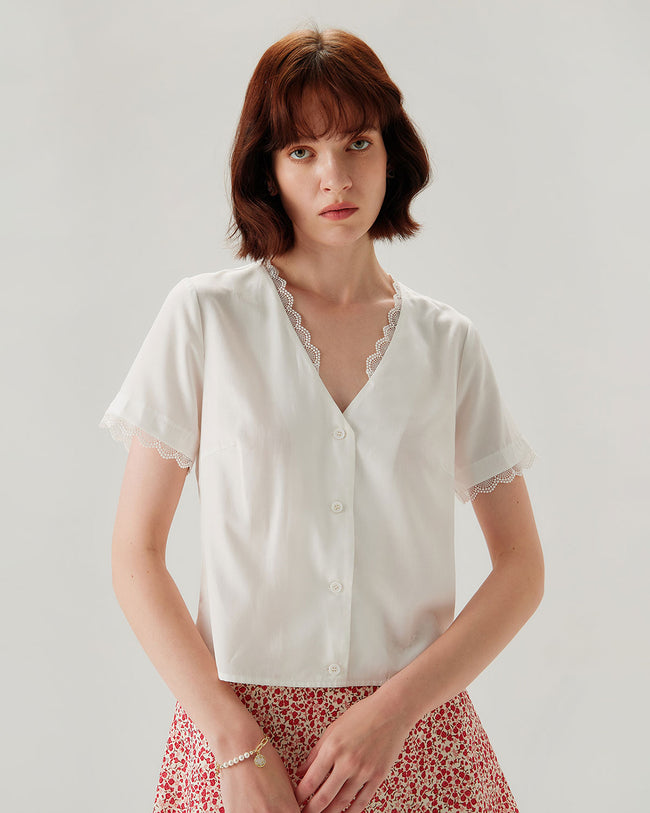 White Lace V-neck Blouse - RIHOAS