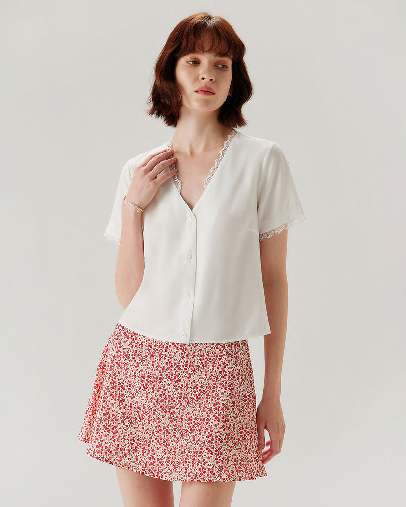 White Lace V-neck Blouse - RIHOAS